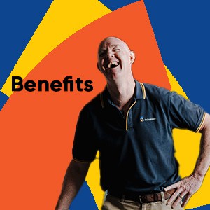 man laughing with the word 'benefits' next to him