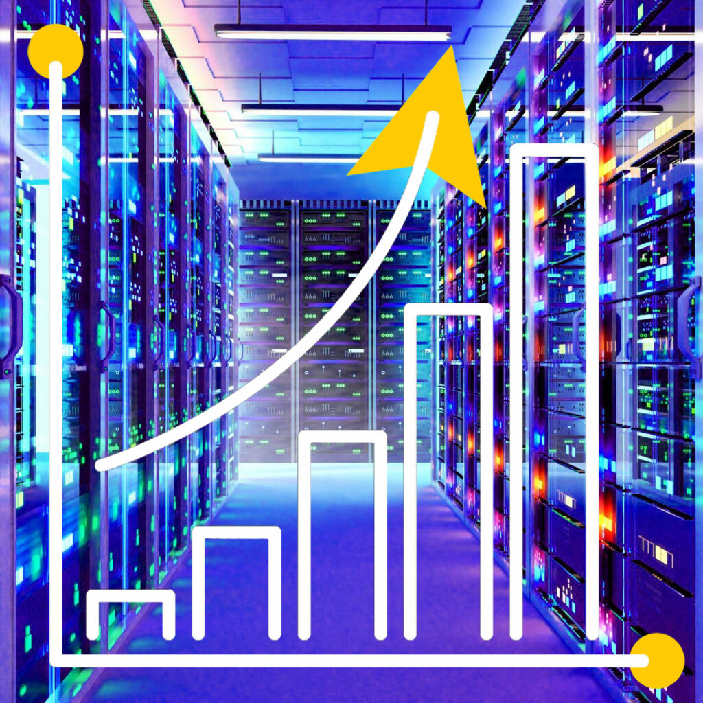 Data centre with overlay of upward trending graph