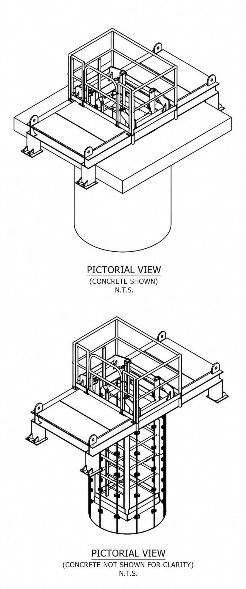 Isometric drawing of the reusable access platform positioned over an ore pass opening, with the concrete hidden to reveal the reinforcement